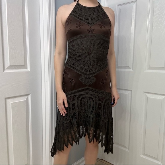Vintage Cache Dress Midi Halter Lace Brown Black Boho Cocktail Size Extra Small - Picture 1 of 5